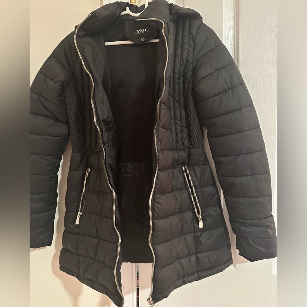 Black puffer coat by YMI juniors/womens small. Longer length‎